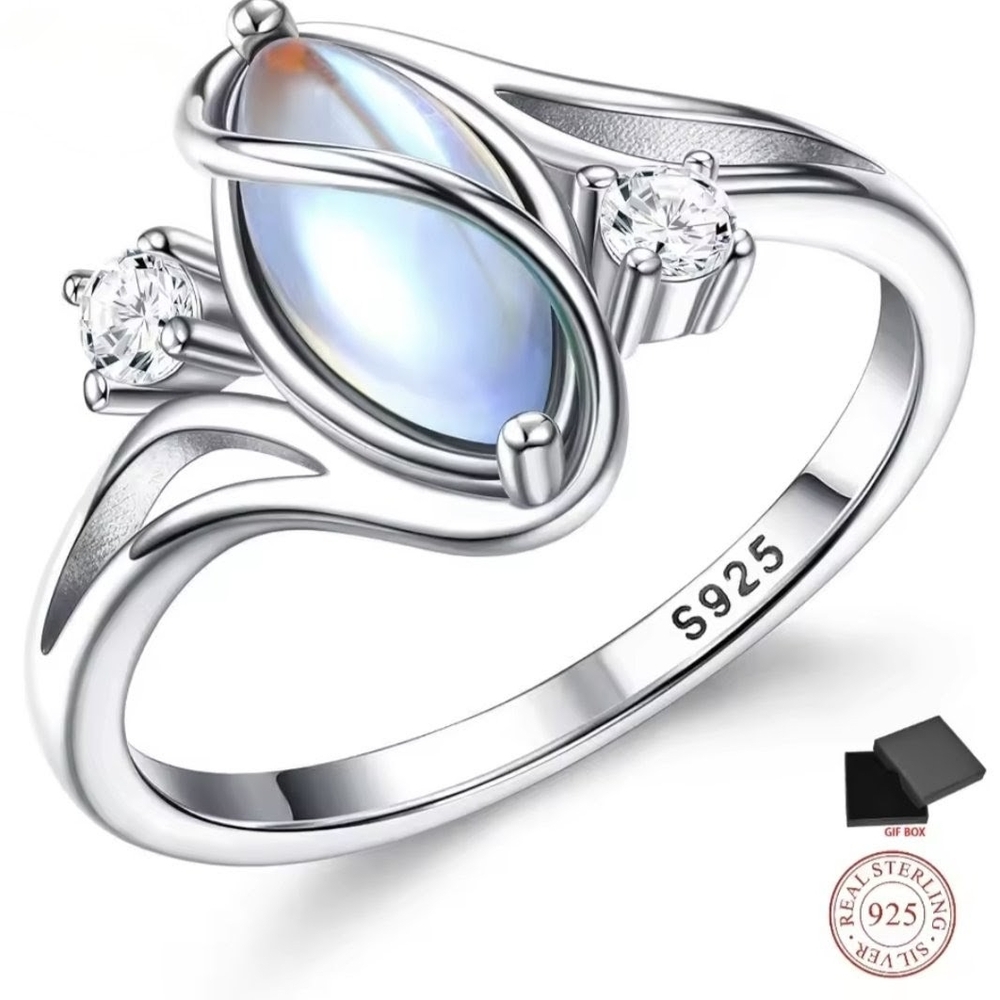 925 Silver Rainbow Moonstone Zirconia Silvery Ring Size 8 Celtic Rings - Picture 4 of 12
